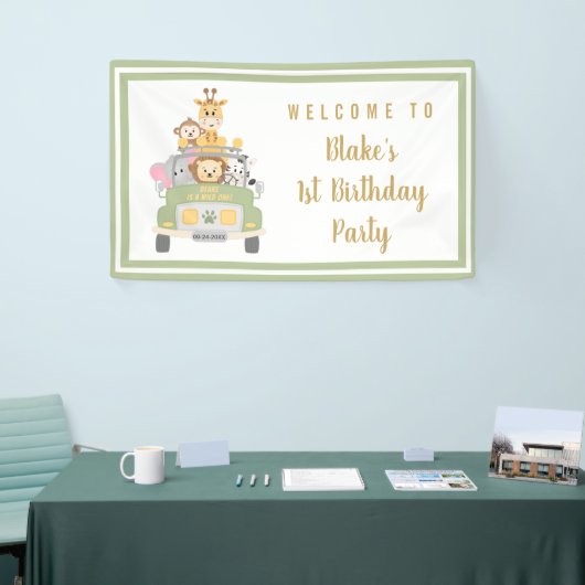 かわいいワイルドワンサファリ1歳の誕生日パーティーへようこそ 横断幕 (トレードショー)