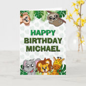 かわいいワイルドワンジャングルサファリアニマルファースト誕生日 カード (黄色い花)