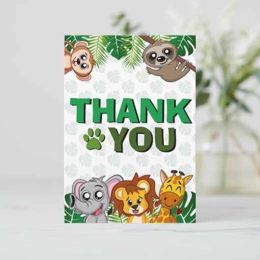 かわいいワイルドワンジャングルサファリアニマルファースト誕生日 サンキューカード (スタンド正面)