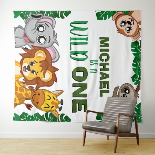 かわいいワイルドワンジャングルサファリアニマルファースト誕生日 タペストリー (インサイチュ(横))