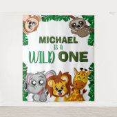 かわいいワイルドワンジャングルサファリアニマルファースト誕生日 タペストリー (正面)