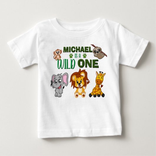 かわいいワイルドワンジャングルサファリアニマルファースト誕生日 ベビーTシャツ (正面)