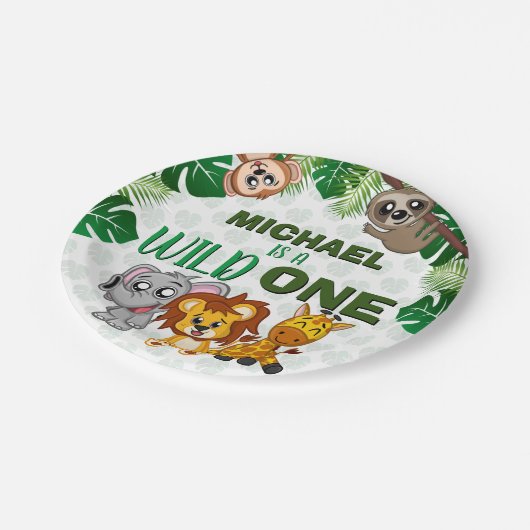 かわいいワイルドワンジャングルサファリアニマルファースト誕生日 ペーパープレート (アングル)
