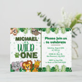 かわいいワイルドワンジャングルサファリアニマルファースト誕生日 招待状 (スタンド正面)
