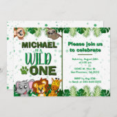 かわいいワイルドワンジャングルサファリアニマルファースト誕生日 招待状 (正面/裏面)