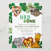 かわいいワイルドワンジャングルサファリアニマルファースト誕生日 招待状 (正面/裏面)