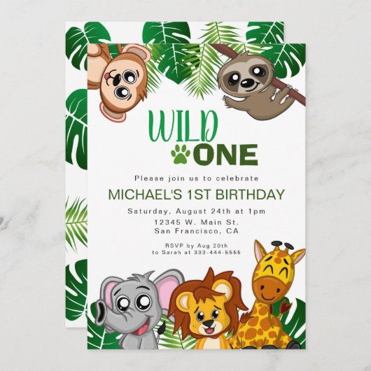 かわいいワイルドワンジャングルサファリアニマルファースト誕生日 招待状 (正面/裏面)