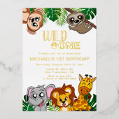 かわいいワイルドワンジャングルサファリアニマルファースト誕生日 箔招待状 (正面)