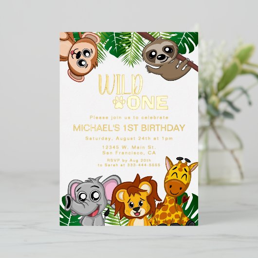 かわいいワイルドワンジャングルサファリアニマルファースト誕生日 箔招待状 (立ち正面)
