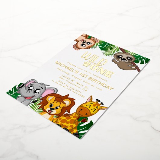 かわいいワイルドワンジャングルサファリアニマルファースト誕生日 箔招待状 (回転した状態)