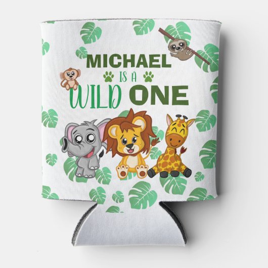 かわいいワイルドワンジャングルサファリアニマルファースト誕生日 缶クーラー (正面)