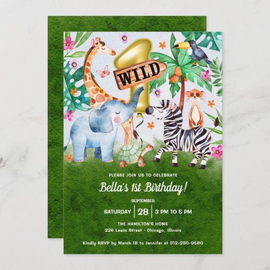 かわいいワイルドワンファースト誕生日サファリ 招待状 (正面/裏面)