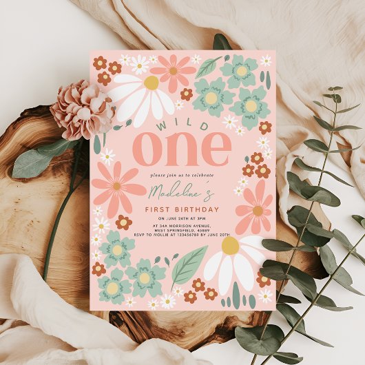 かわいいワイルドワンワイルドフラワーデイジーガールズガールズ1st誕生日 招待状