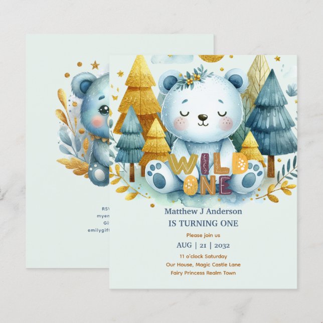 かわいいワイルドワン1歳の誕生日ボーイズベアーウッドランド (正面/裏面)