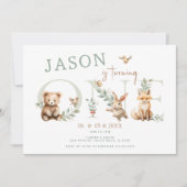 かわいいワイルドワン ウッドランド 1歳誕生日 男の子 招待状 (正面)