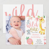 かわいいワイルドワン ジャングルガール ファーストバースデー フォト 招待状 (正面/裏面)