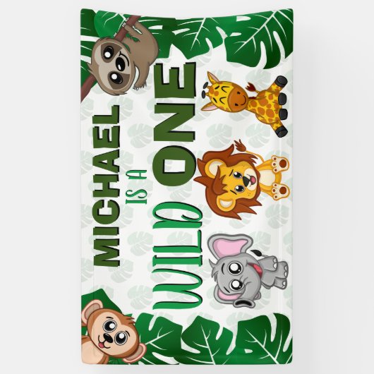 かわいいワイルドワン ジャングルサファリ 動物たちのお誕生日会 ファーストバースデー 横断幕 (縦)