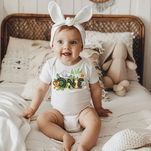 かわいいワイルドワン ジャングルサファリ 動物たち ファーストバースデー ベビーボディスーツ