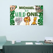 かわいいワイルドワン ジャングルサファリ 動物たち ファーストバースデー 横断幕 (トレードショー)