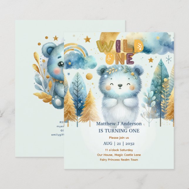 かわいいワイルドワン 1歳誕生日 男の子 クマのウッドランド (正面/裏面)