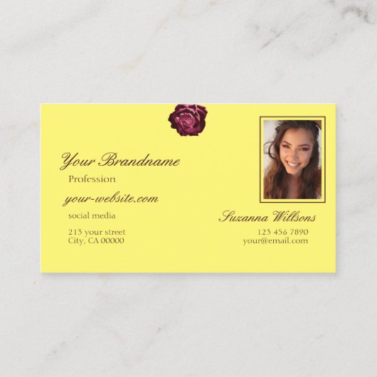 かわいいワインレッドローズプレーンイエローイニシャル写真 名刺 (裏面)