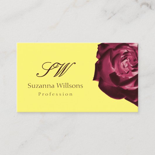 かわいいワインレッドローズプレーンイエローイニシャル写真 名刺 (正面)