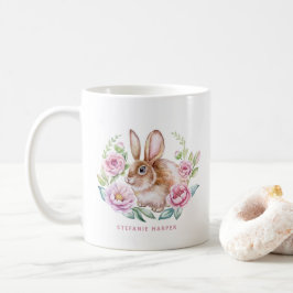 かわいいワテカラーウサギとピンクの花カスタム コーヒーマグカップ
