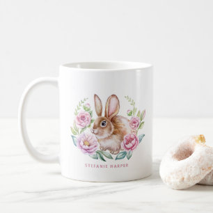かわいいワテカラーウサギとピンクの花カスタム コーヒーマグカップ