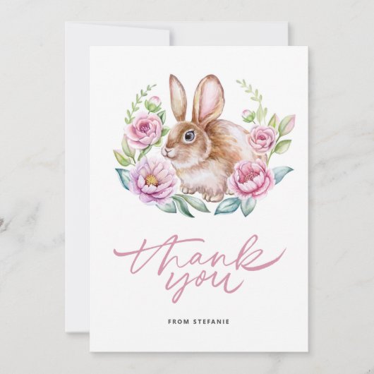 かわいいワテカラーバニーとピンクの花のリース サンキューカード (正面)