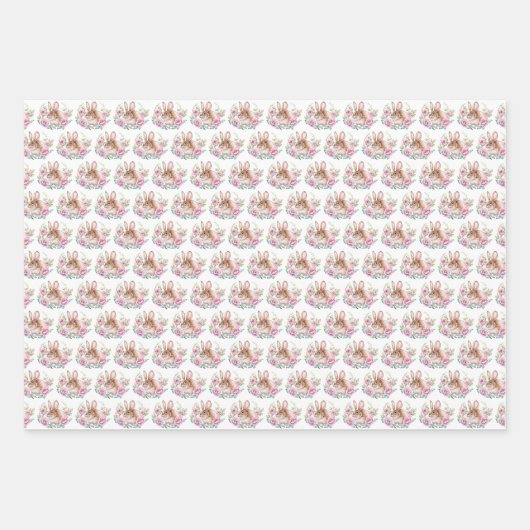 かわいいワテカラーバニーとピンクの花柄 ラッピングペーパーシート (正面3)