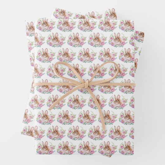 かわいいワテカラーバニーとピンクの花柄 ラッピングペーパーシート (インサイチュ)
