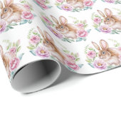 かわいいワテカラーバニーとピンクの花柄 ラッピングペーパー (ロールコーナー)
