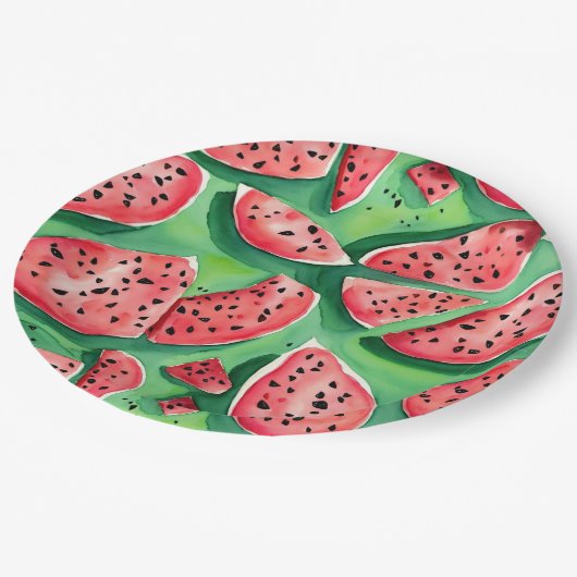 かわいいワテメロンレッドとグリーンフルーツの水色 ペーパープレート (アングル)