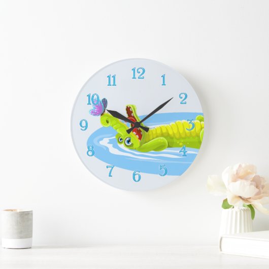 かわいいワニと蝶の漫画の壁掛け時計 ラージ壁時計 (ホーム)