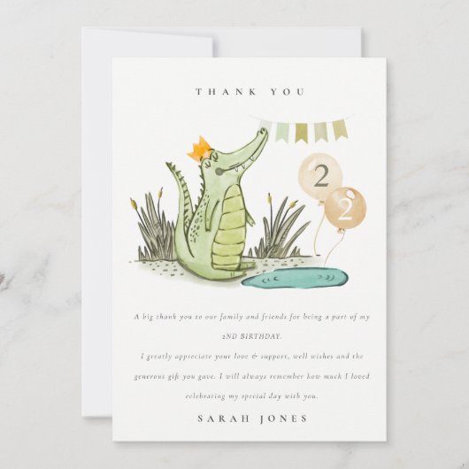 かわいいワニの沼の誕生日パーティー（どんな年齢でも） サンキューカード (正面)