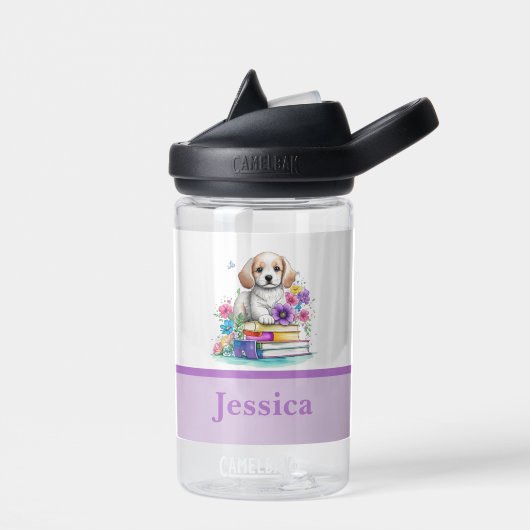 かわいいワンちゃんカラフルの本&花 ウォーターボトル (左面)