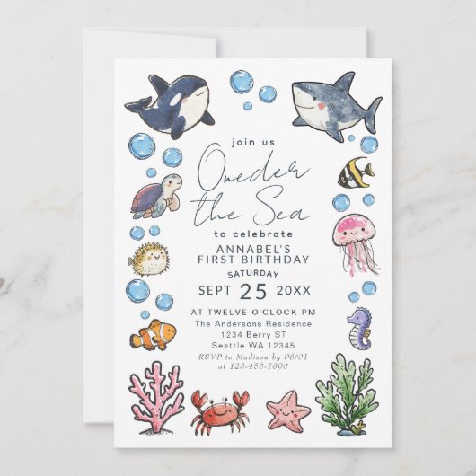 かわいいワンダーザシー海キッズファースト誕生日 招待状 (正面)