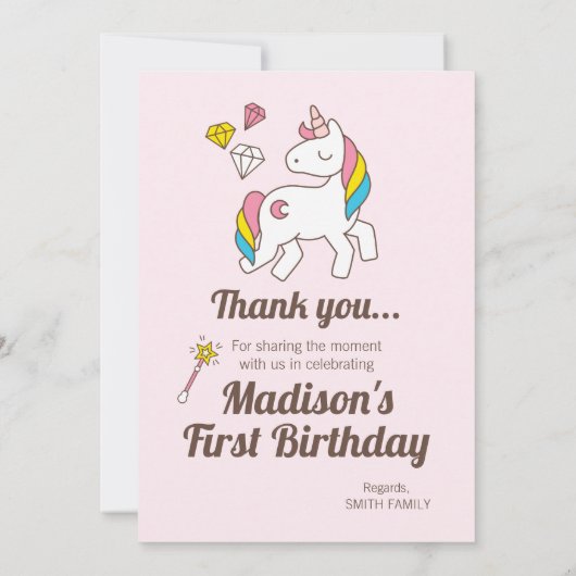 かわいいワンド&ダイヤモンドのユニコーン。感謝 招待状 (裏面)