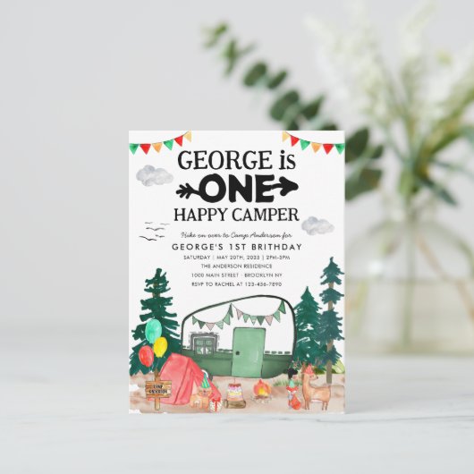 かわいいワンハッピーキャンパーウッズキャンピング1st誕生日 ポストカード (スタンド正面)