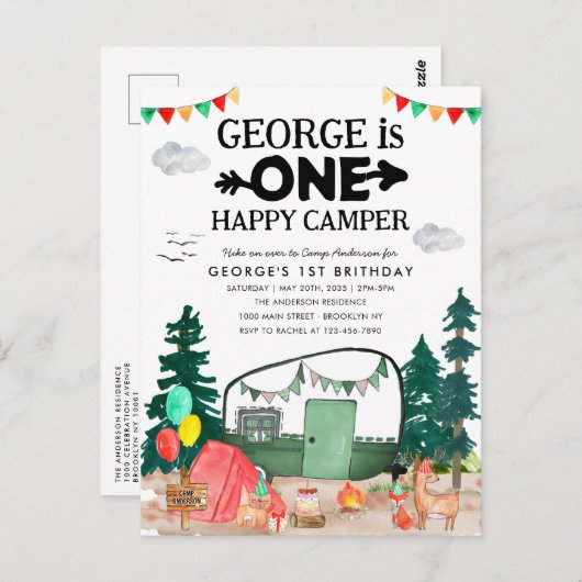 かわいいワンハッピーキャンパーウッズキャンピング1st誕生日 ポストカード (正面/裏面)
