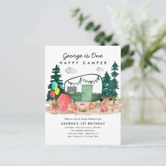 かわいいワンハッピーキャンパーフォレストキャンピング1st誕生日 ポストカード (スタンド正面)