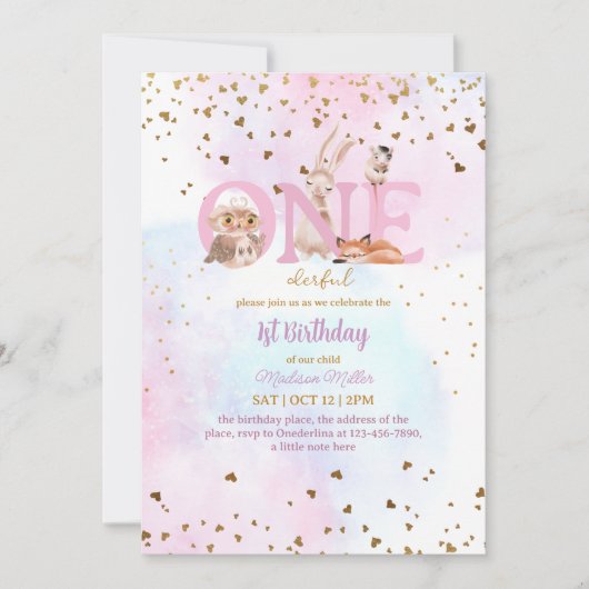 かわいいワンベビーガール1st誕生日パーティー 招待状 (正面)