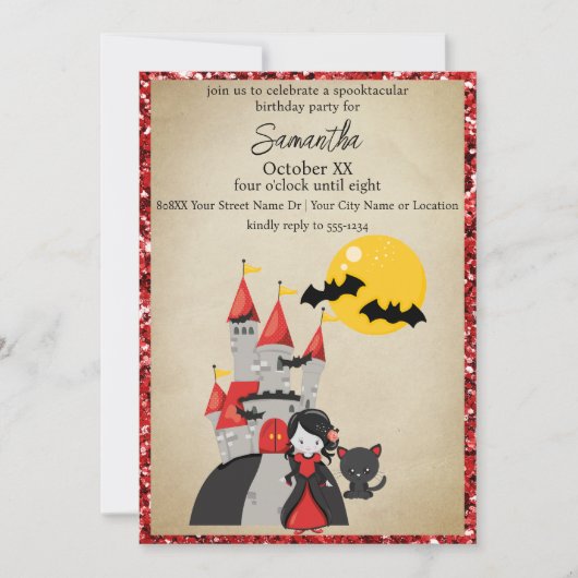 かわいいヴァンパイアガールとキャッスル幽霊のよく出るハロウィーン 招待状 (正面)