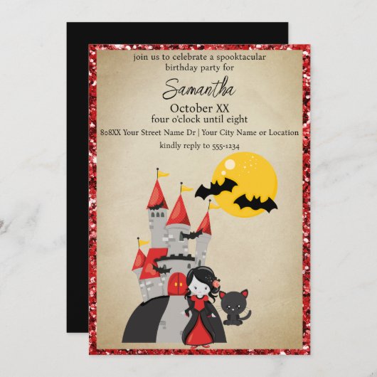 かわいいヴァンパイアガールとキャッスル幽霊のよく出るハロウィーン 招待状 (正面/裏面)