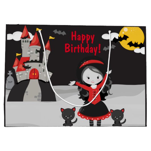 かわいいヴァンパイアハロウィンキッズ不気味誕生日ラージ ラージペーパーバッグ (裏面)