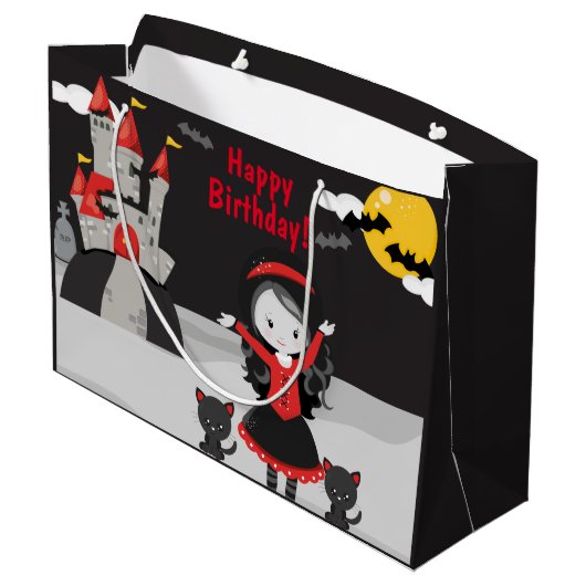 かわいいヴァンパイアハロウィンキッズ不気味誕生日ラージ ラージペーパーバッグ (裏面アングル)