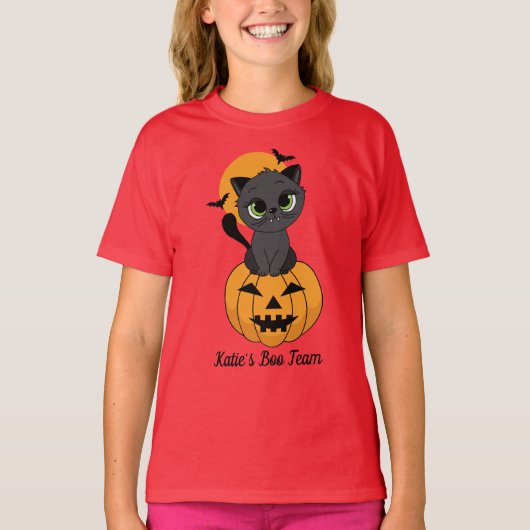 かわいいヴァンパイア猫とカボチャのキッズハロウィーン Tシャツ (正面)