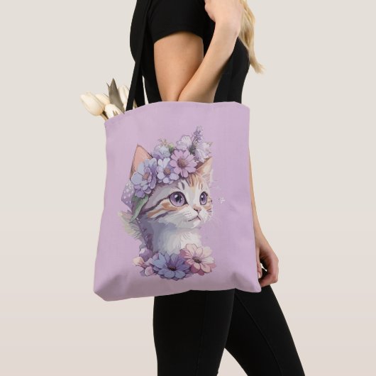 かわいいヴィオレット水彩の花と猫 トートバッグ (クローズアップ)