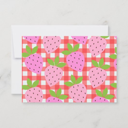 かわいいヴィンテージいちごカスタムの格子柄ベビーシャワー サンキューカード (裏面)