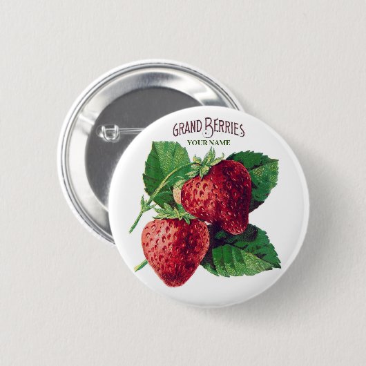 かわいいヴィンテージいちご果実あなたの名前を追加 缶バッジ (正面&裏面)